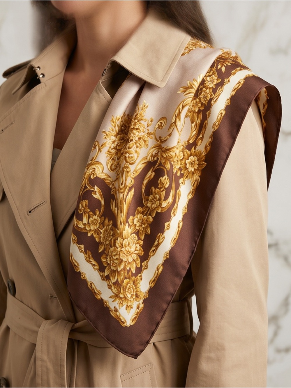 Dior Brown, Gold and Cream Floral Silk Scarf